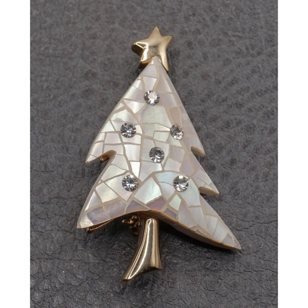Vintage Liz Claiborne Christmas Tree Brooch Mother of Pearl Rhinestone Gold Tone
